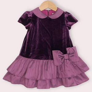 Luli & Me dress plum velvet short sleeve ruffle hem with bow size 12 months